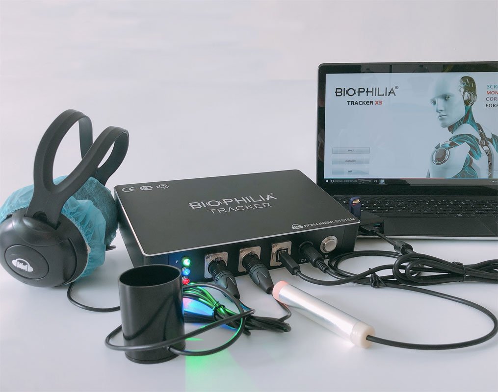 AIO Biophilia Tracker system with Bio Field sensors and laptop